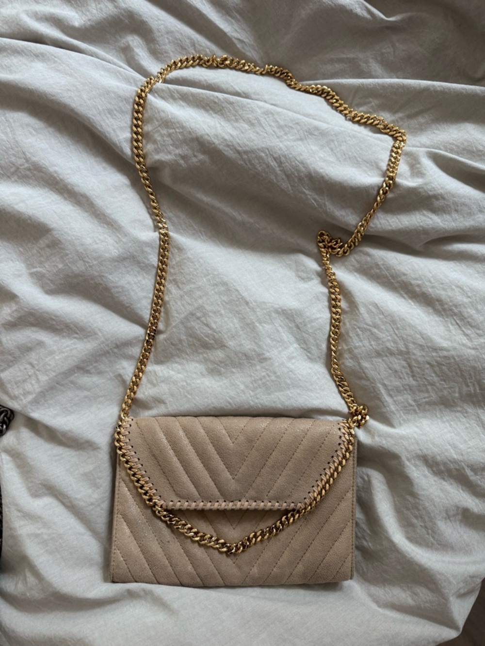 Stella McCartney Beige Quilted Shoulder Bag with Gold Chain
